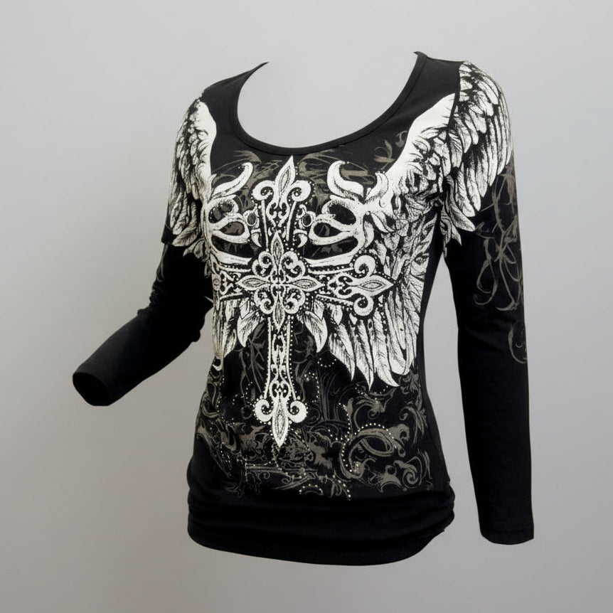 Women's Angel Wings Cross Long Sleeve Top - Boutique of Leathers/Open Road