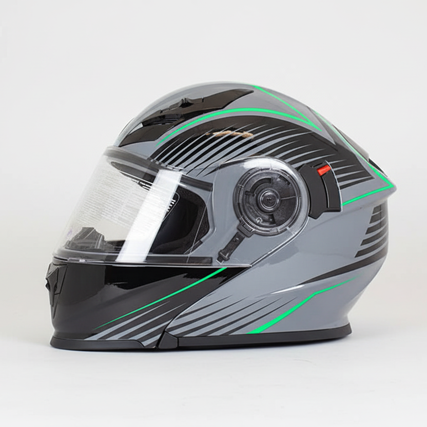 West Coast Leather Black and Green Leather Biker Helmet Motorcycle Helmets Boutique of Leathers/Open Road