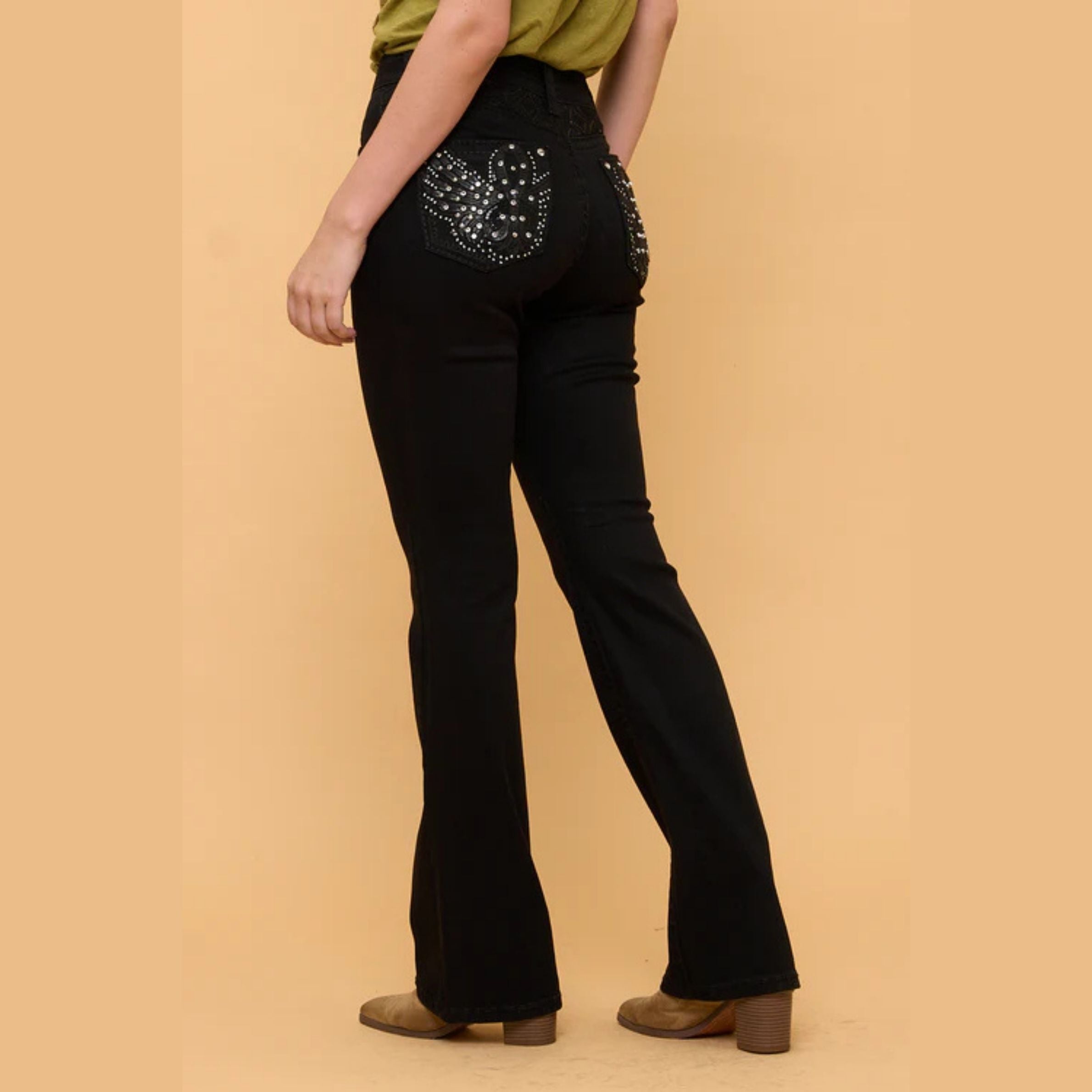 Westfield Eagle Women’s Black Bootcut Bling Jeans. High Waisted Embroidered Western Denim