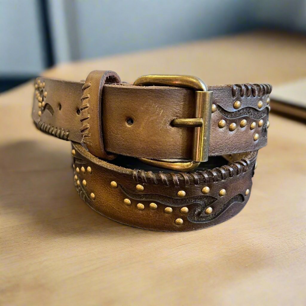 Women's Full Grain Leather Belt with Geometric Embossing & Studs - Boutique of Leathers/Open Road