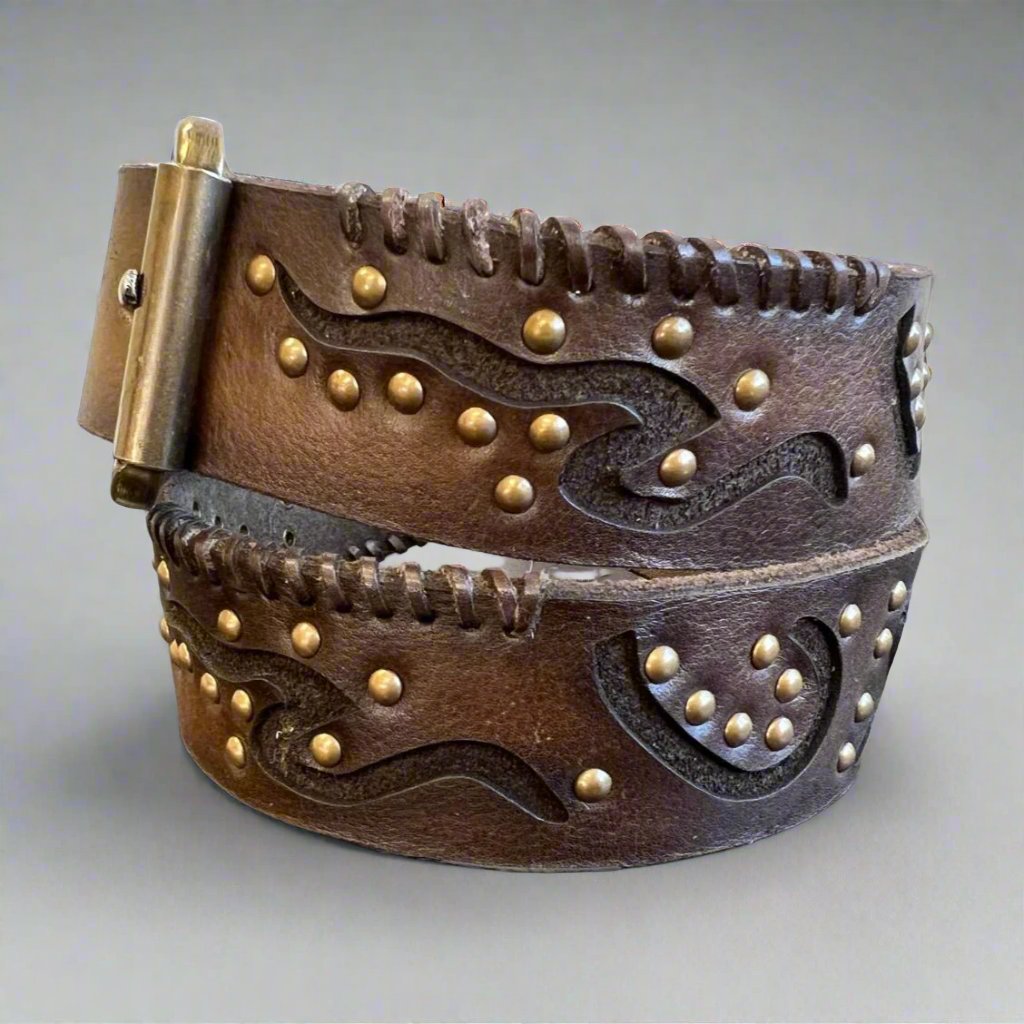 Women's Full Grain Leather Belt with Geometric Embossing & Studs - Boutique of Leathers/Open Road