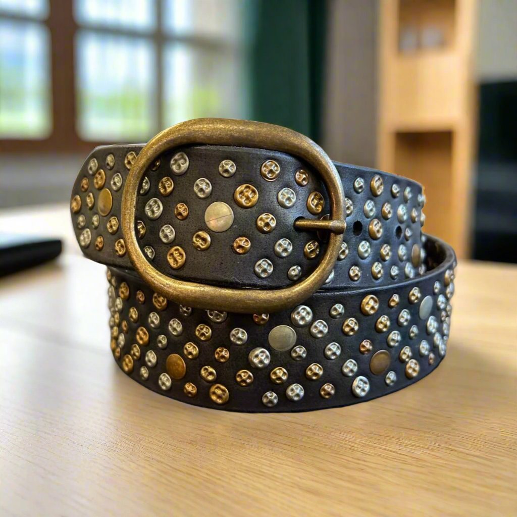 Women's Full Grain Leather Belt with Studs and Oval Buckle