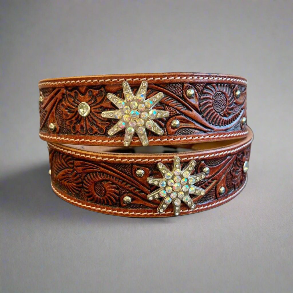 Women's Embossed Western Leather Belt with Bling Stars