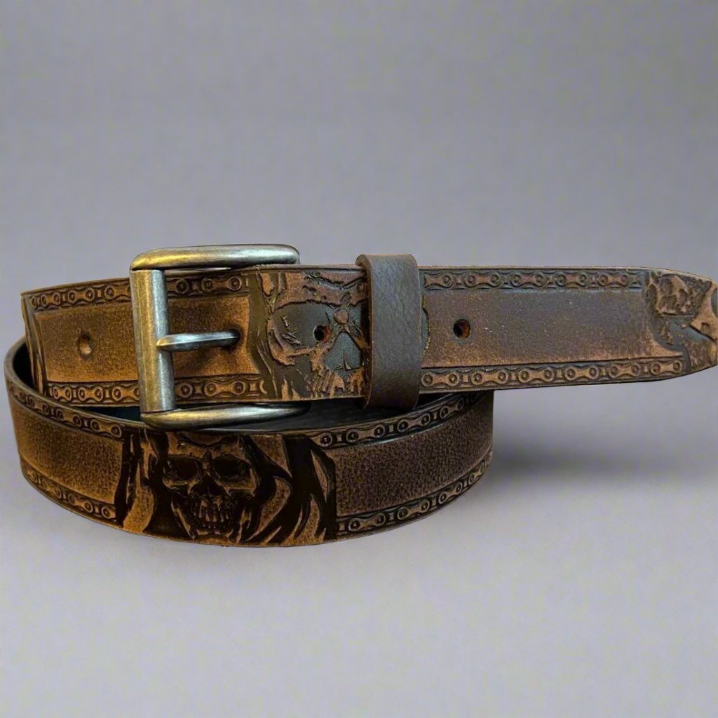 Keldon Grain Leather Men's Skull Shain Design Removable Buckle Belt