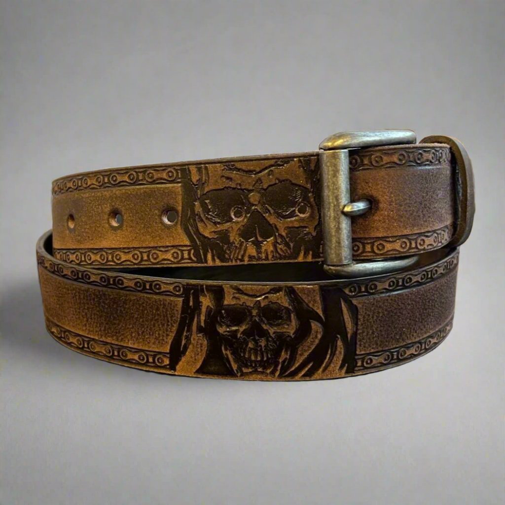 Keldon Grain Leather Men's Skull Shain Design Removable Buckle Belt