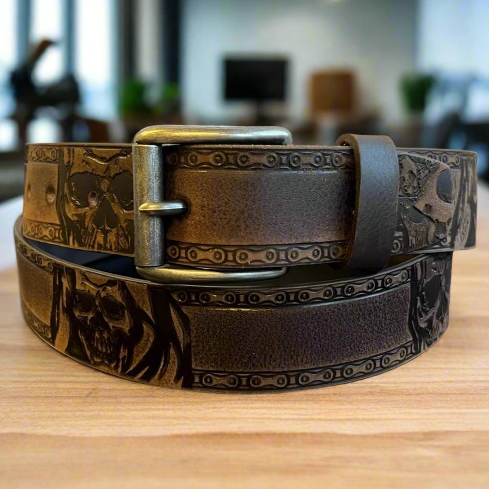 Keldon Grain Leather Men's Skull Shain Design Removable Buckle Belt