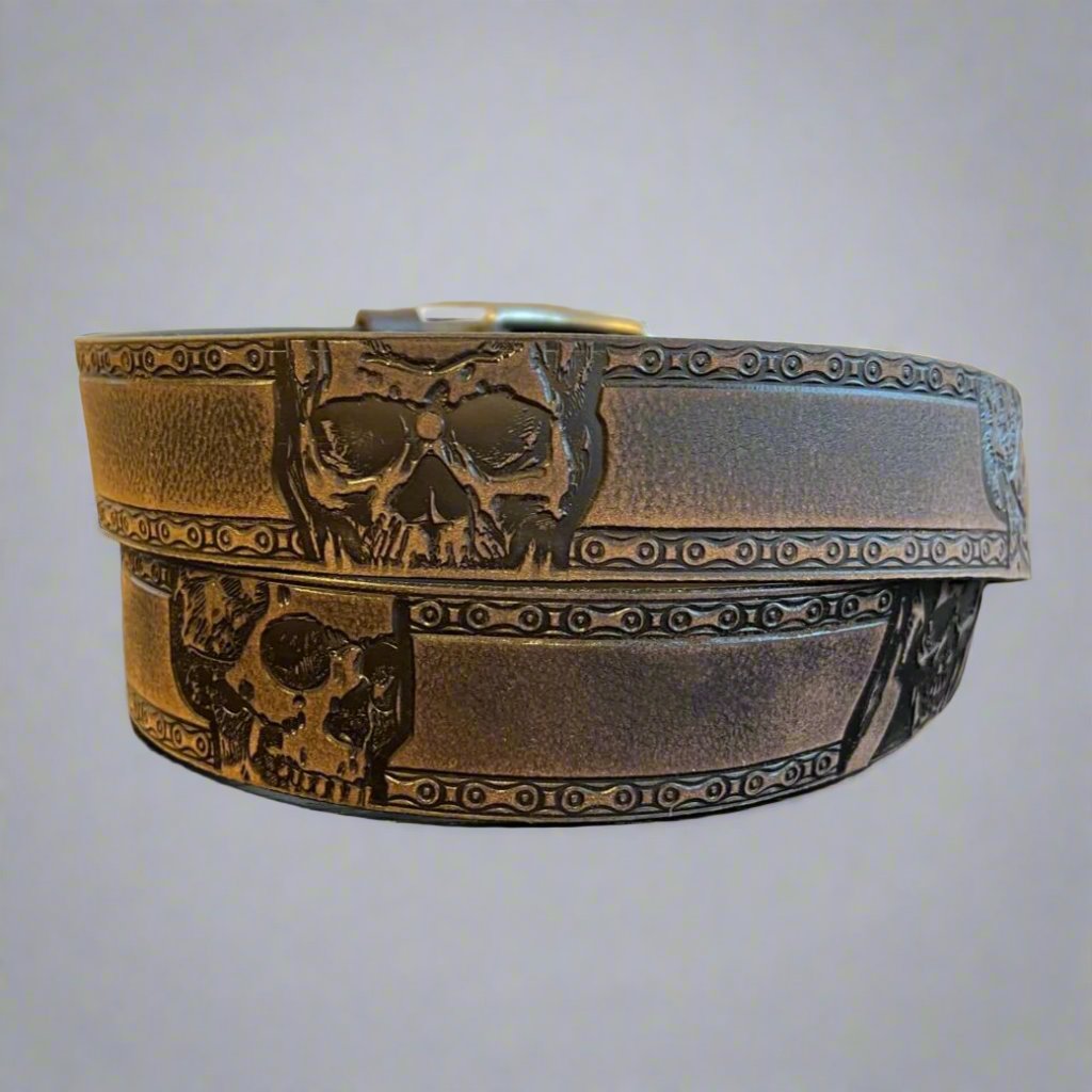 Keldon Grain Leather Men's Skull Shain Design Removable Buckle Belt