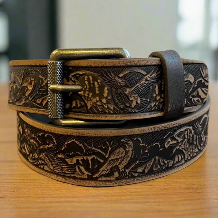 Keldon Grain Leather Men's Eagle Embossed Removable Buckle Belt