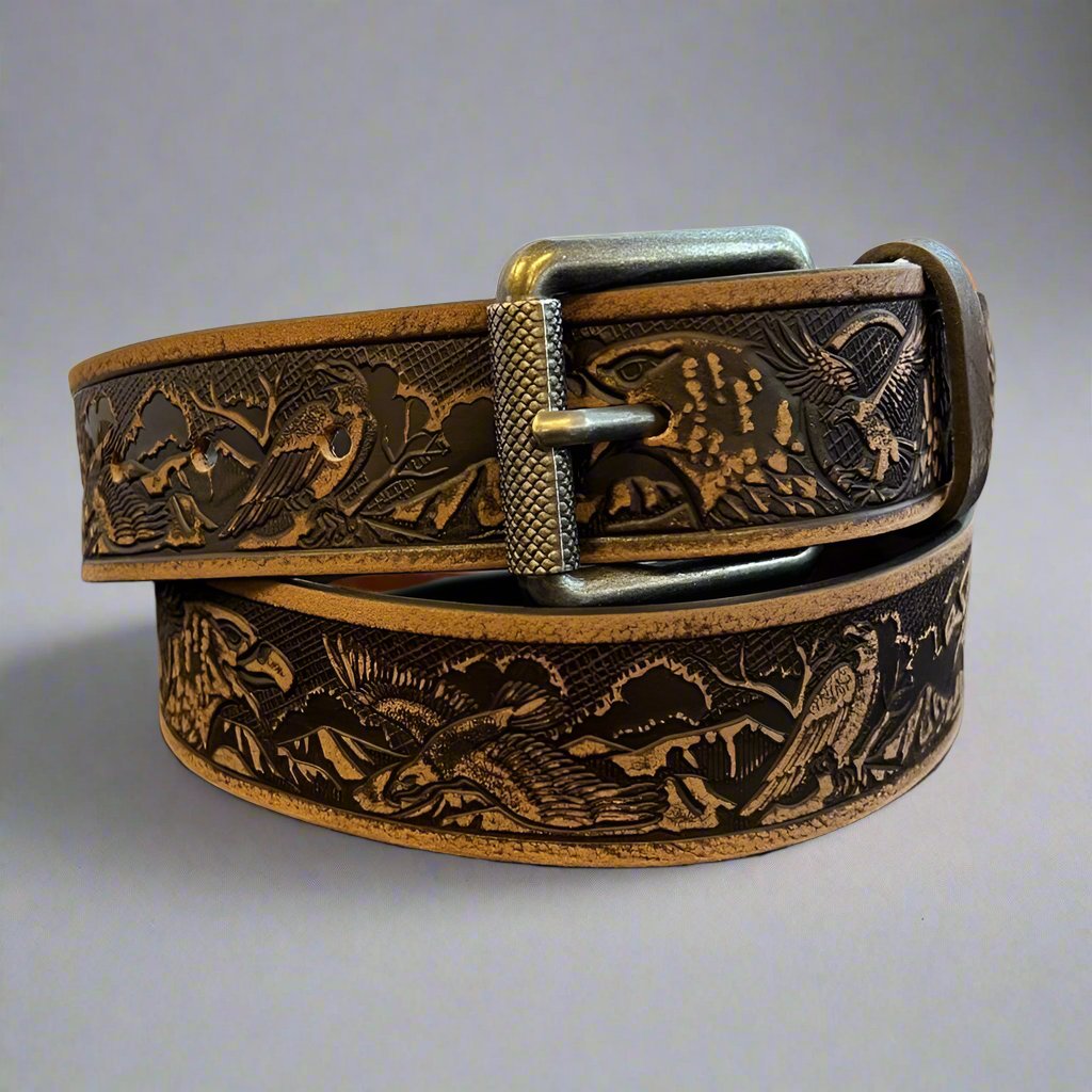 Keldon Grain Leather Men's Eagle Embossed Removable Buckle Belt