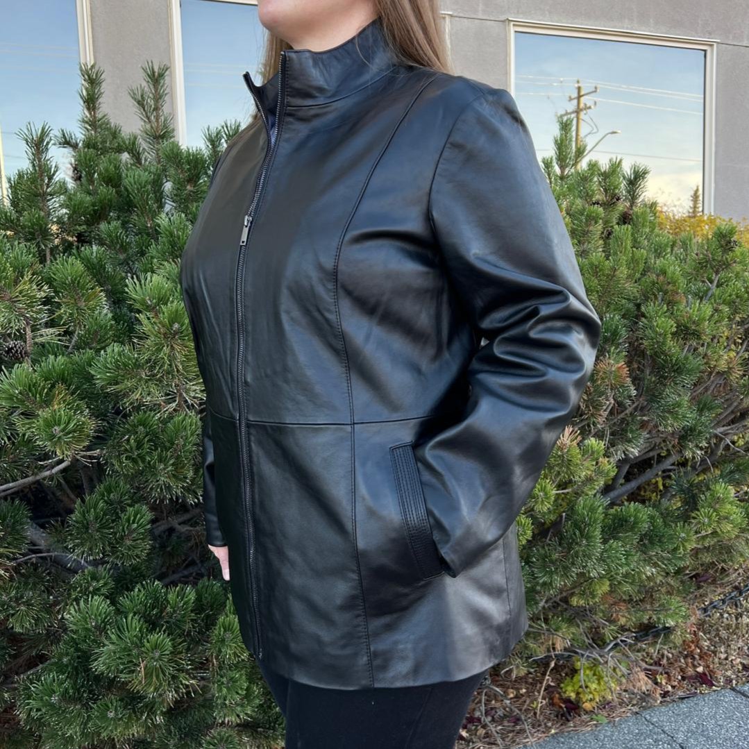 Women s Lamb Leather Jacket with Zipper and Dual Pockets Black 1XL