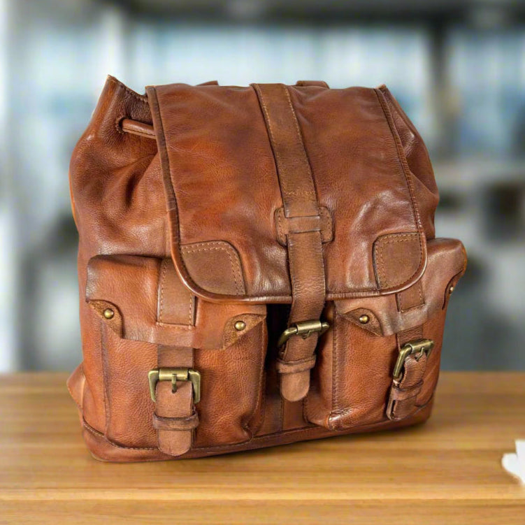 【NONCODE】Drained String Leather Backpack Leather Drawstring Backpack - Boutique of Leathers