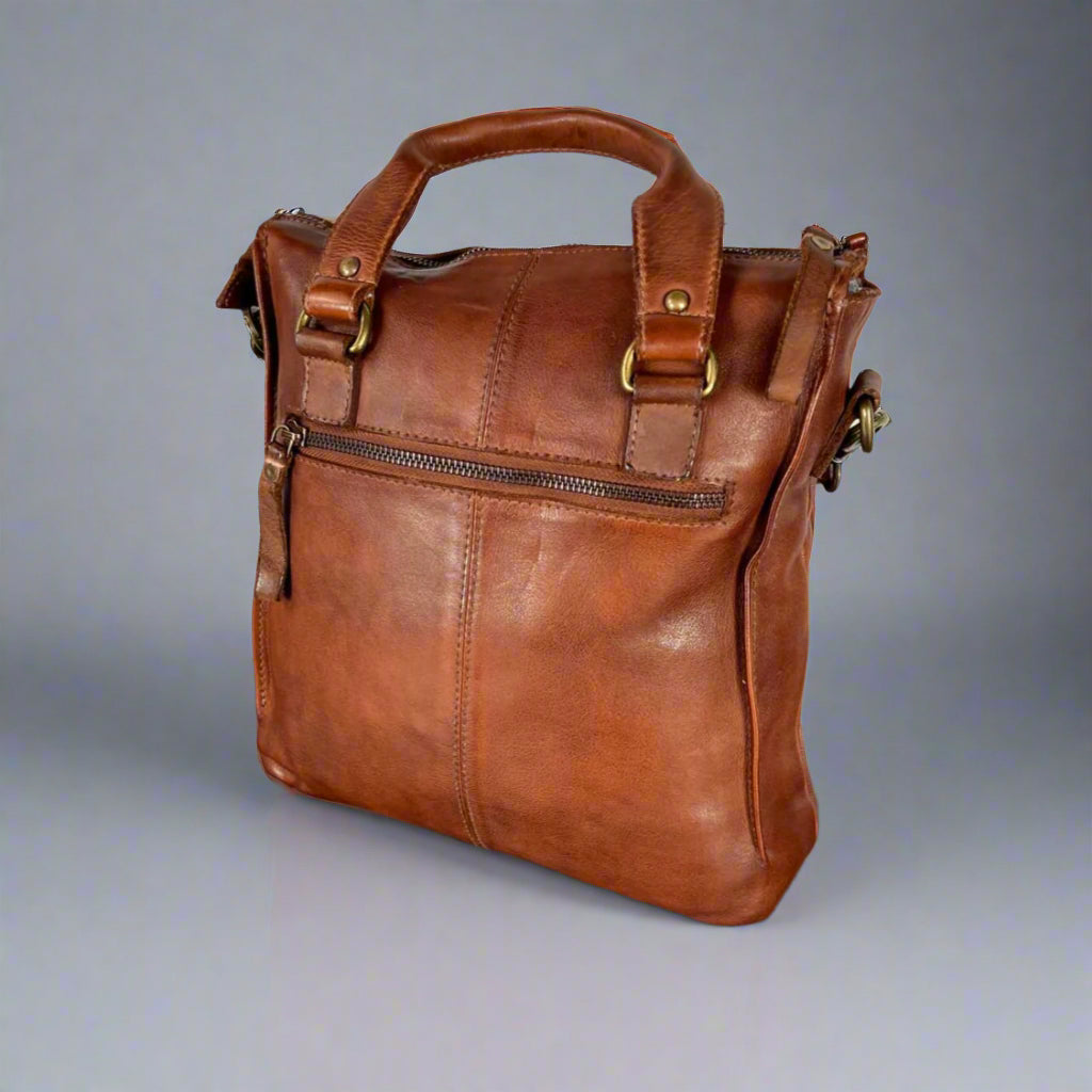 Leather Handbag with Front Zipper Pocket and Short Handles