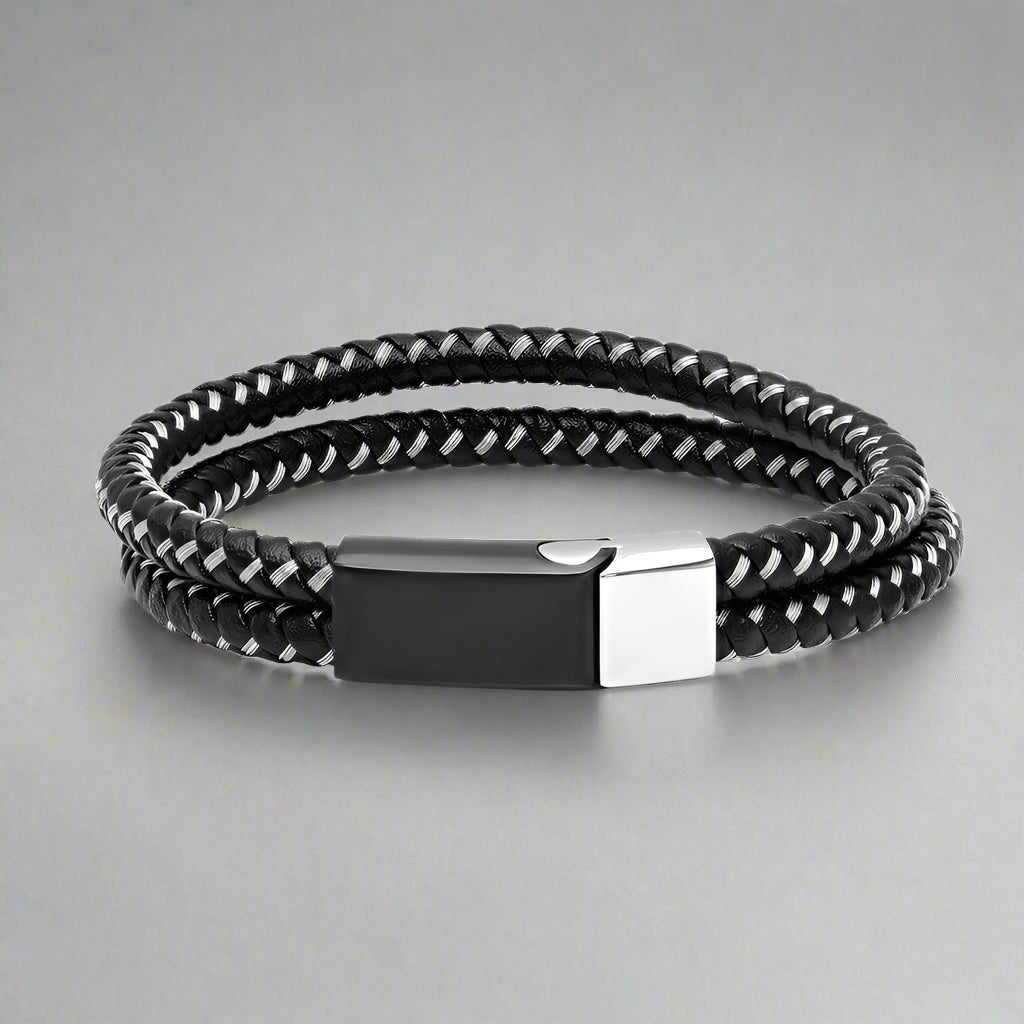 Men's Black Leather & Stainless Steel Wire Braided Bracelet