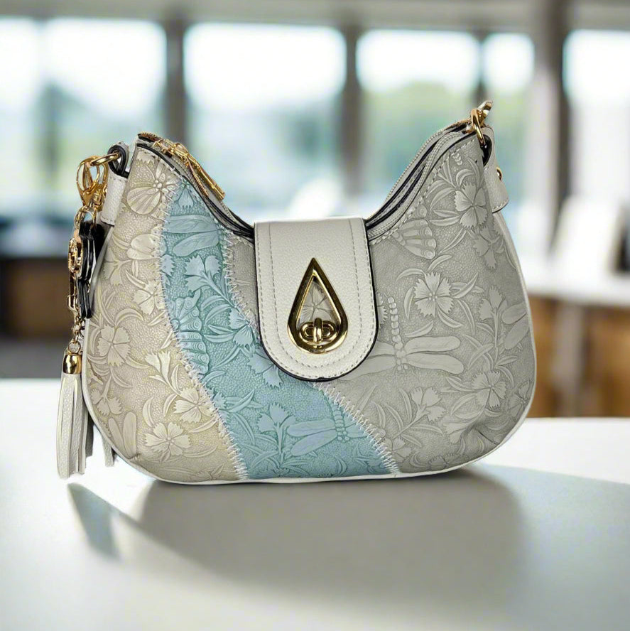 Temptation Italy Small Shoulder Bag with Dragonfly, Butterfly, and Floral Design - Boutique of Leathers/Open Road