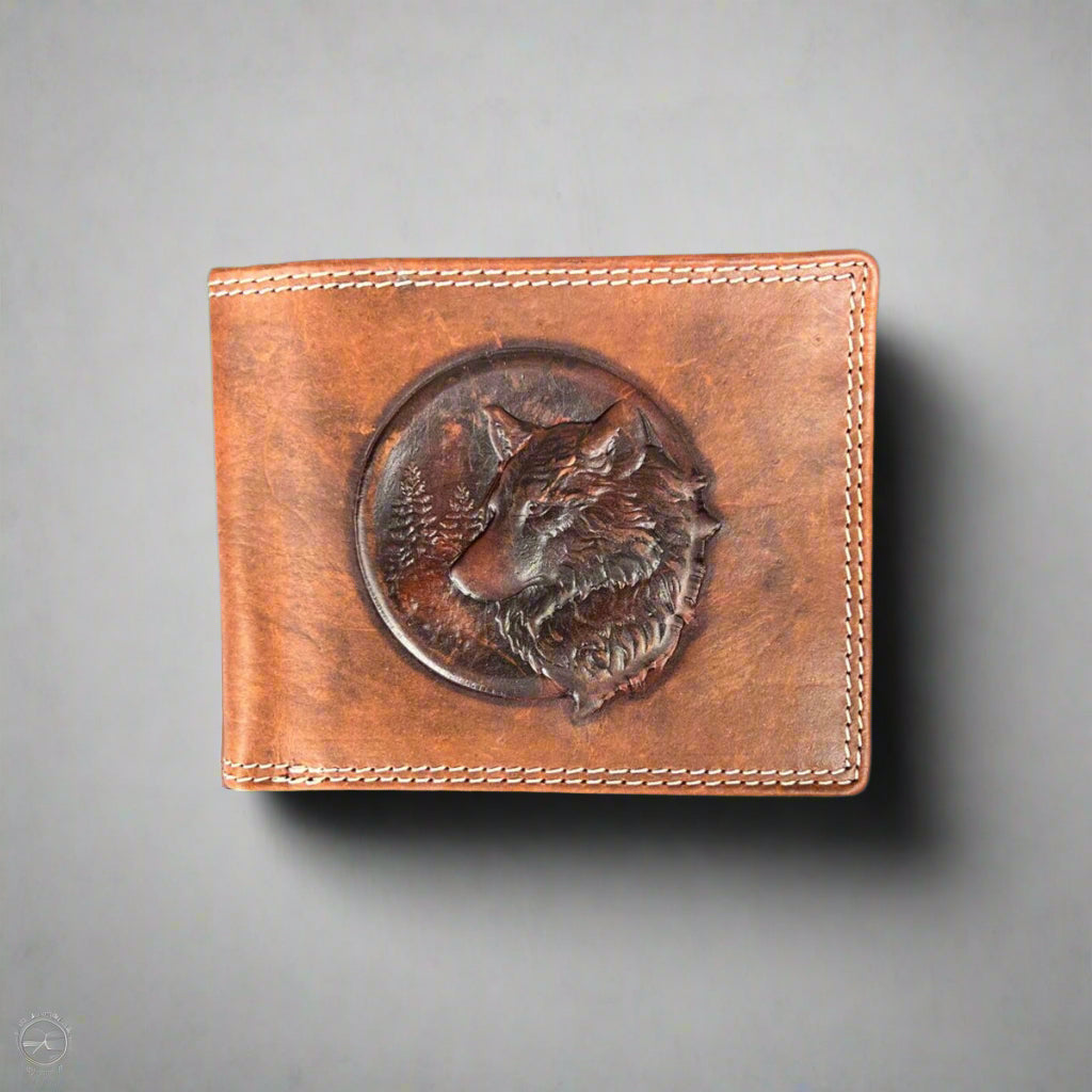 Men’s Cow Leather Wolf Embossed Bifold Wallet - Boutique of Leathers/Open Road