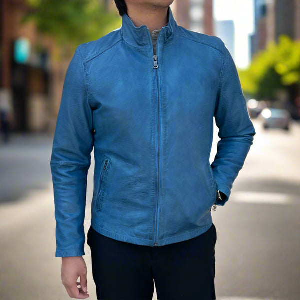 Men's Sheep Leather Jacket. Classic Stand Collar with 2 Pockets -