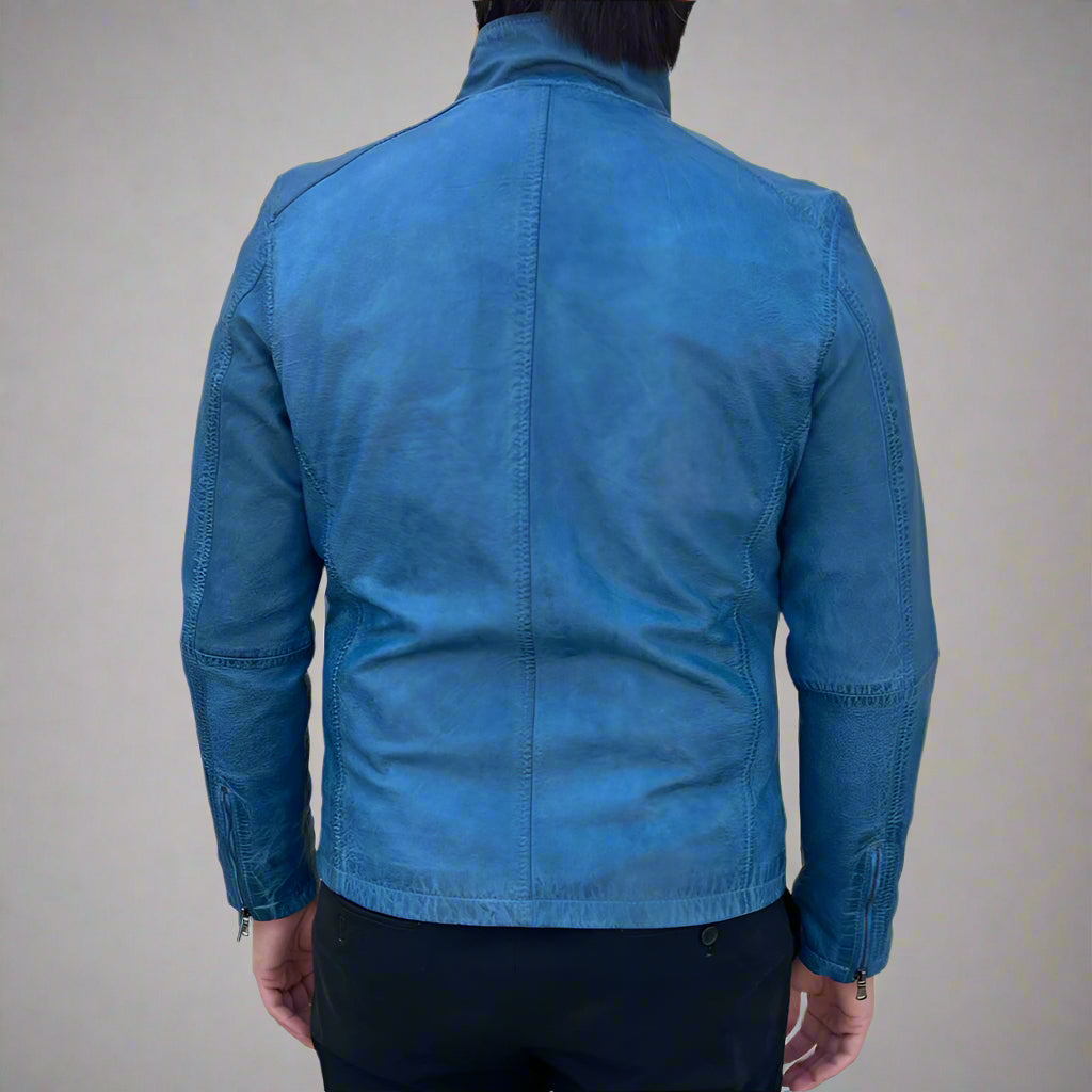 Men's Sheep Leather Jacket. Classic Stand Collar with 2 Pockets -