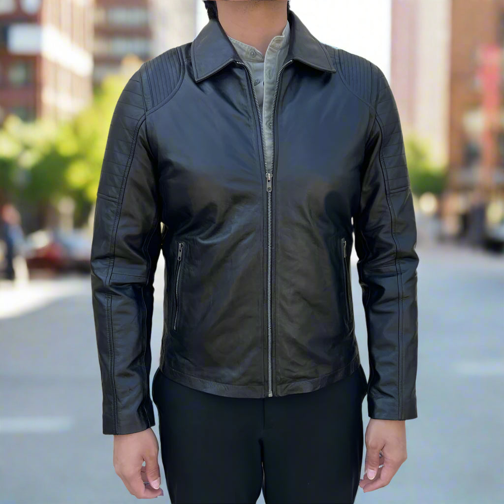 Men's Sheep Leather Jacket. Classic Quilted Shoulder Design with 2 Pockets - Boutique of Leathers/Open Road