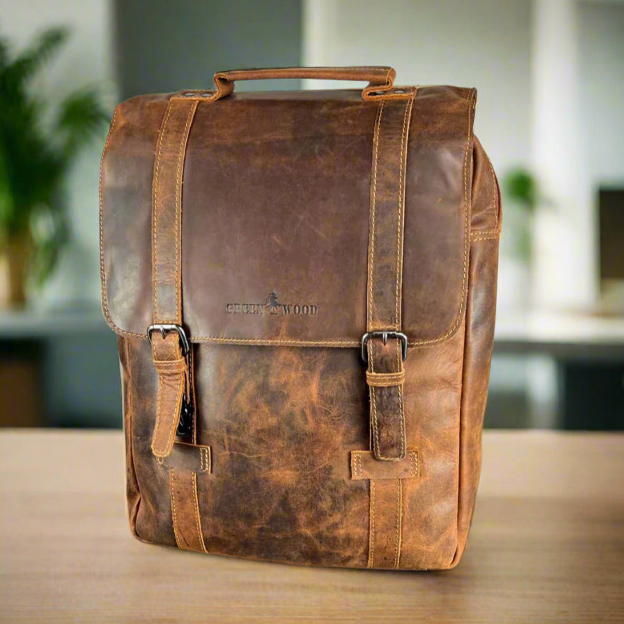 Greenwood Leather Vintage Laptop Backpack. Full-Grain Wax Leather with 16" Compartment - Boutique of Leathers/Open Road