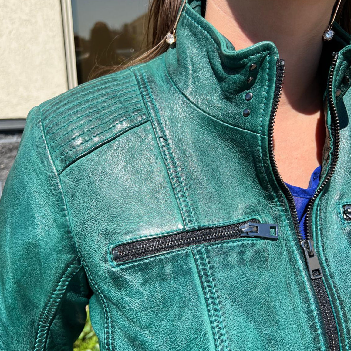 Women's Classic Lamb Leather Jacket. Round Collar with Studs, 4 Zippered Pockets & Shoulder Accent Stitching - Boutique of Leathers/Open Road