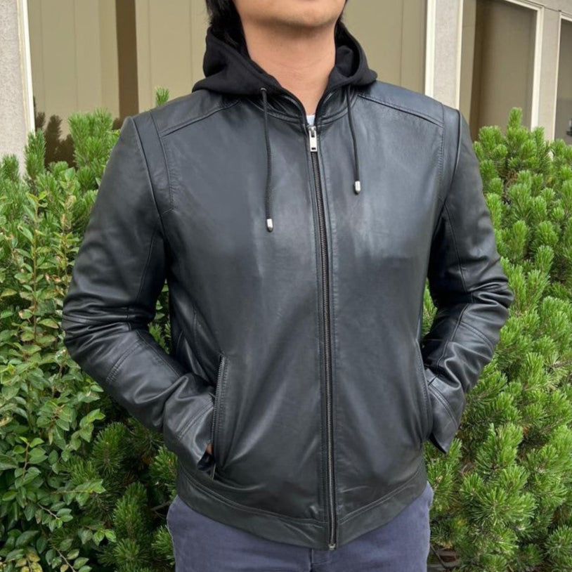 Men's Lamb Leather Hoodie Jacket with Detachable Hood - Boutique of