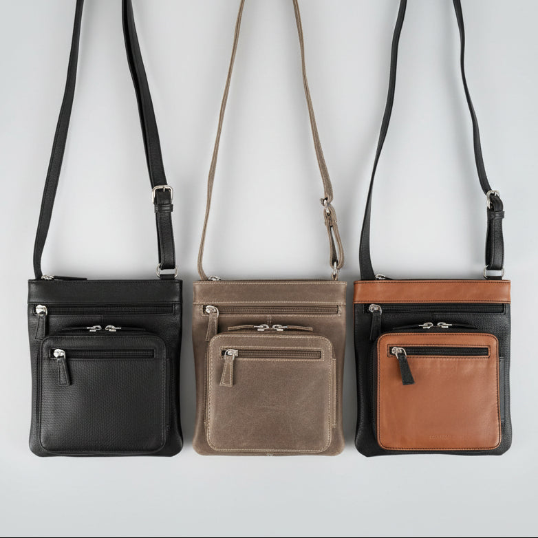 JBG Slim Genuine Leather Crossbody Bag. RFID Blocking Travel Purse with Multi-Zipper Pockets