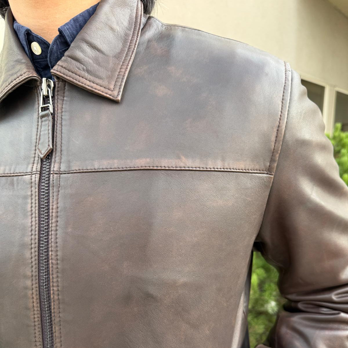 Men's Lamb Leather Jacket. Brown Classic Fit with Full Zip & Side