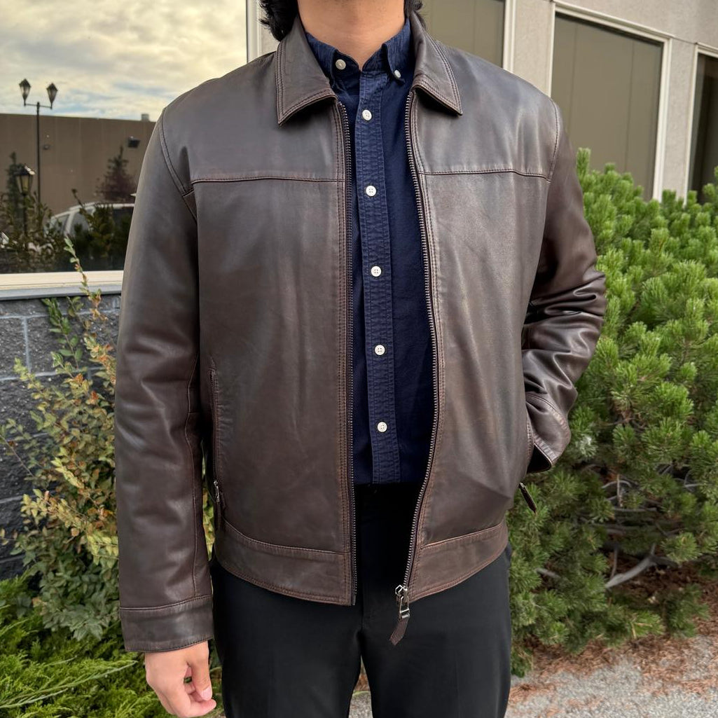 Men's Lamb Leather Jacket. Brown Classic Fit with Full Zip & Side