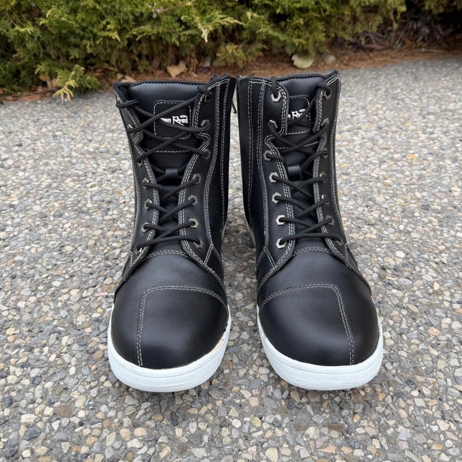 Men's Sneaker Biker Boots. Black Cowhide Leather with White Sole, Lace-Up & Side Zip