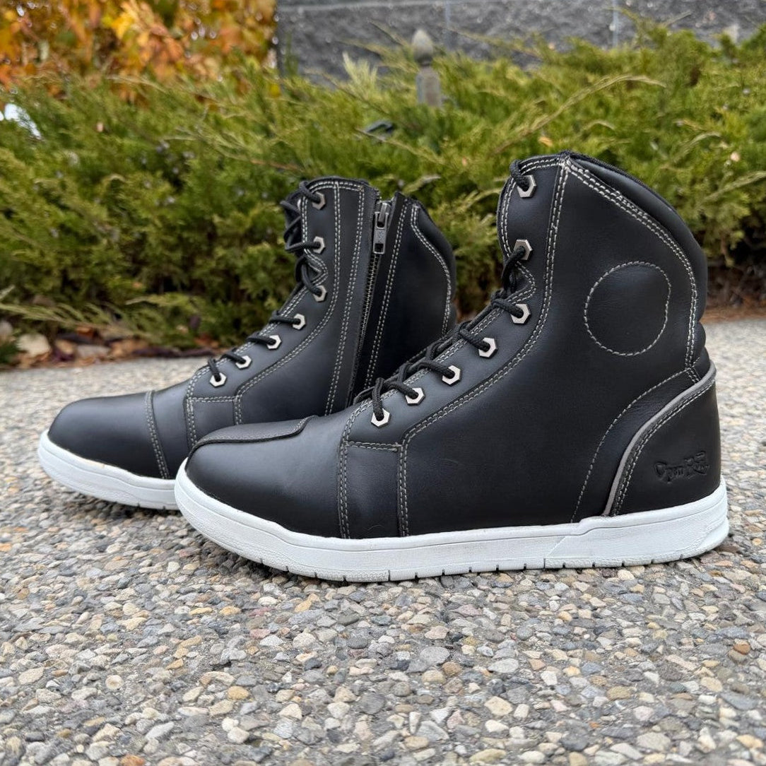 Men's Sneaker Biker Boots. Black Cowhide Leather with White Sole, Lace-Up & Side Zip