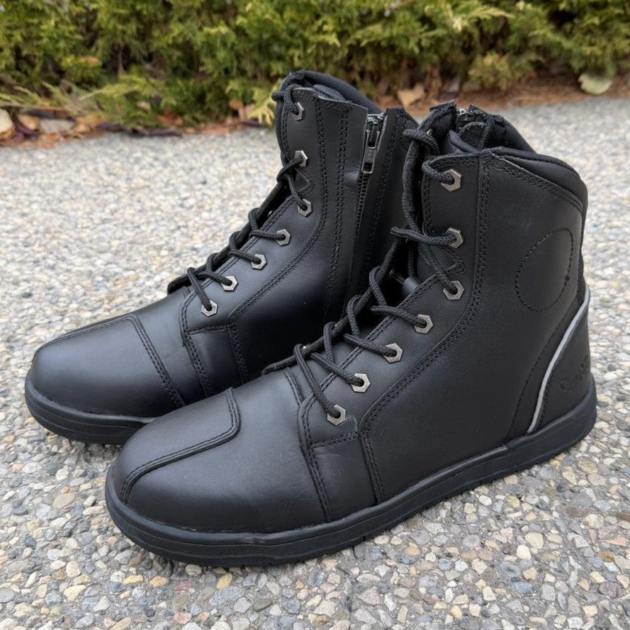Men's Sneaker Biker Boots. Black Cowhide Leather with Lace-Up & Side Zip