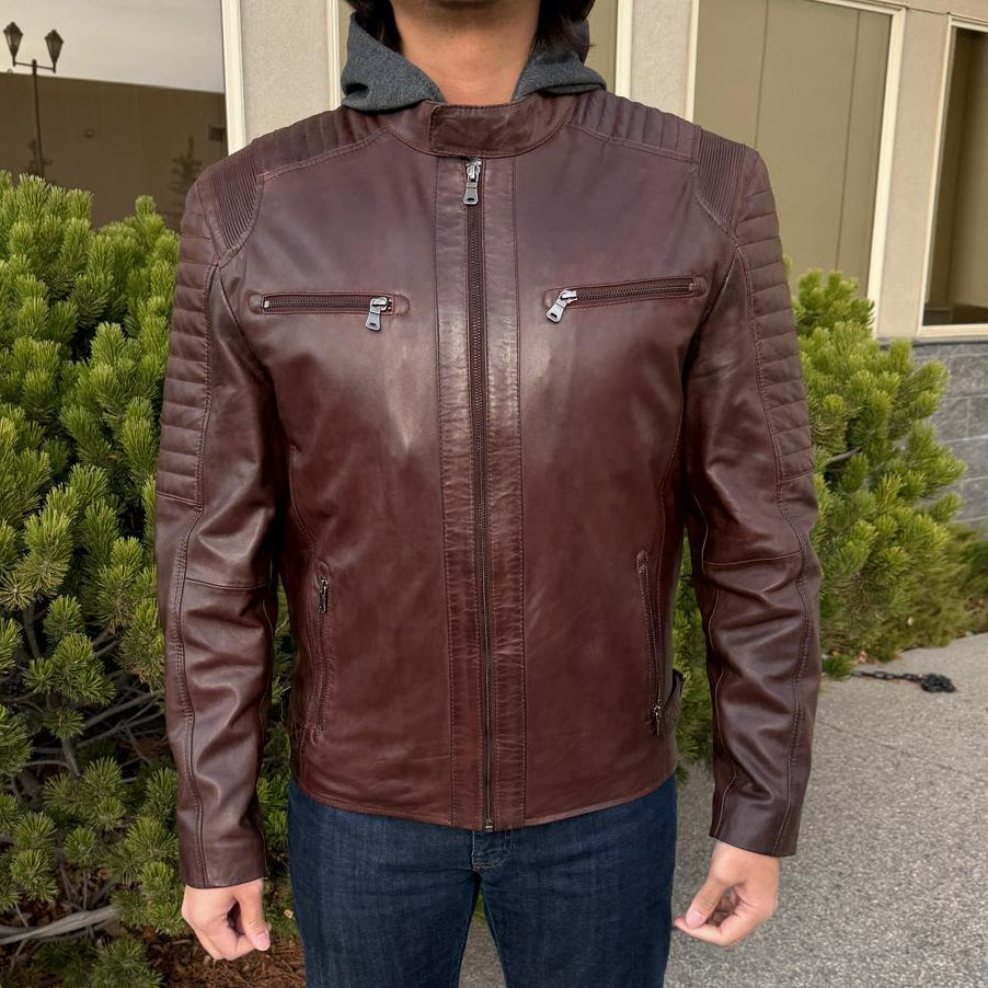 Men's Lamb Leather Jacket with Removable Hoodie - Boutique of Leathers/Open Road