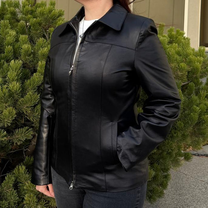 Plonge Leathers Women's Snap Collar Lamb Leather Jacket - Boutique of