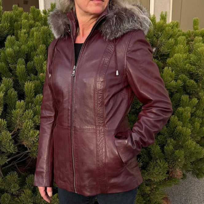 Women's Sheepskin Leather Jacket with Real Fox Fur Trim