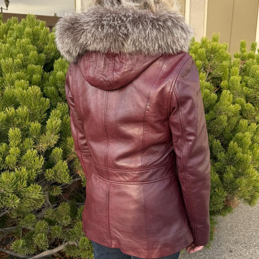 Women's Sheepskin Leather Jacket with Real Fox Fur Trim