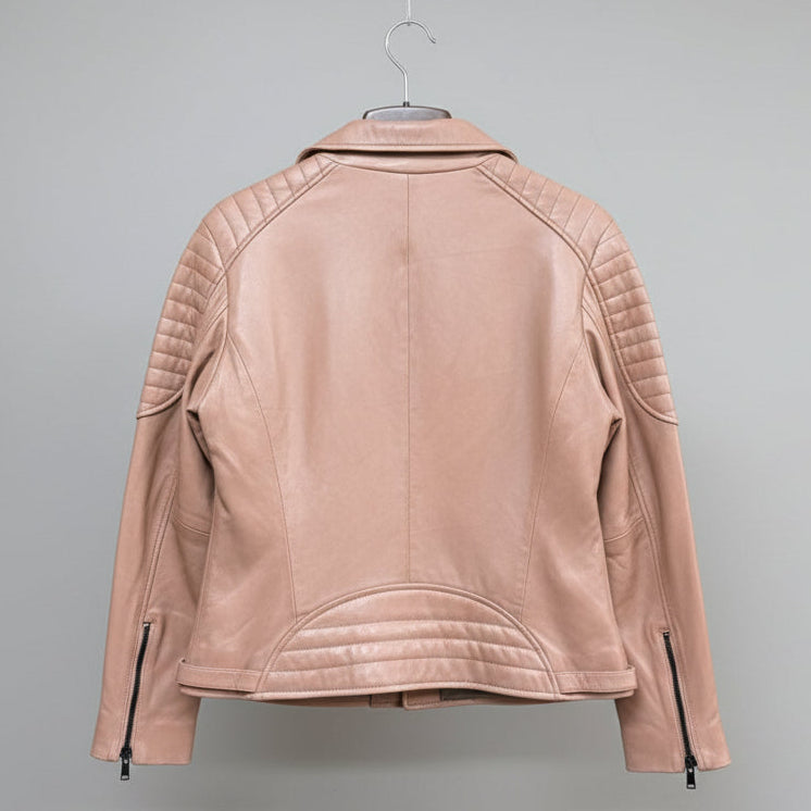 Women's Lamb Leather Biker Jacket with Quilted Ribbed Shoulders