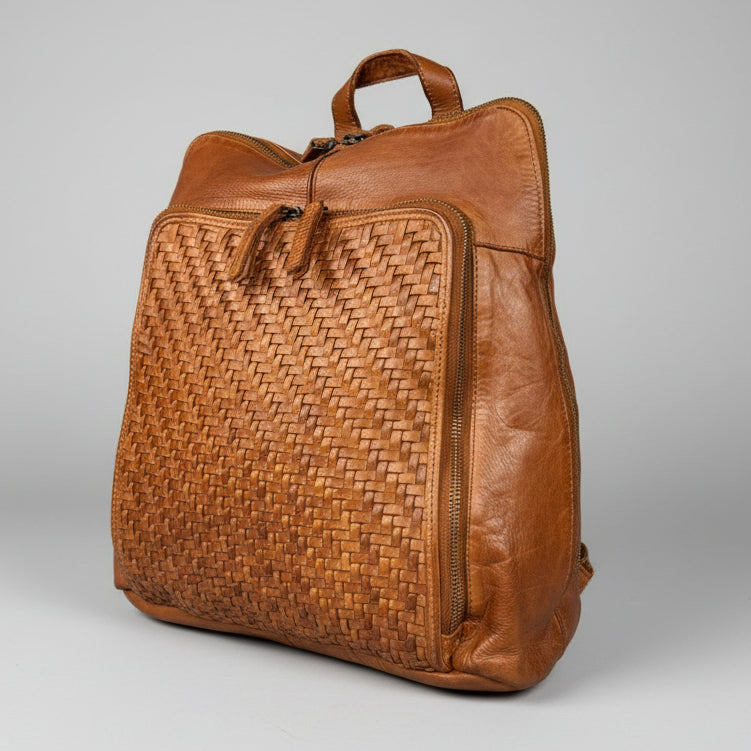 braided leather backpack MET Classic Leather Backpack with Woven Front and Adjustable Straps -