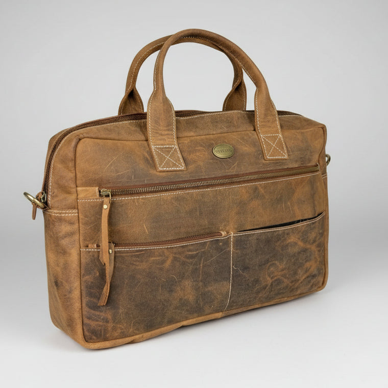 Buffalo Leather Laptop Bag 17". Travel Briefcase with Luggage Sleeve
