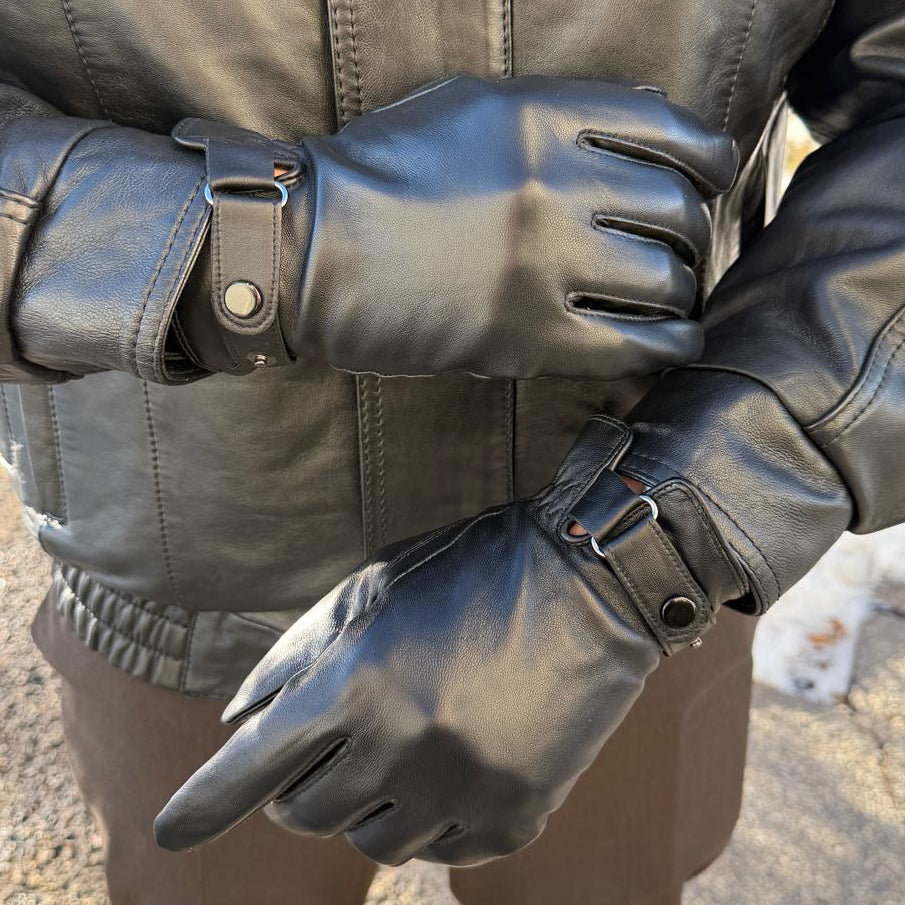 Men's Black Sheepskin Leather Gloves Fleece Lined