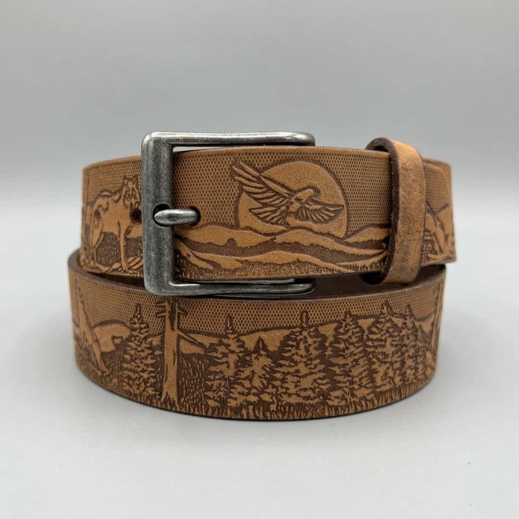 Keldon Men's Embossed Leather Belt with Wildlife Scene - Boutique of Leathers/Open Road