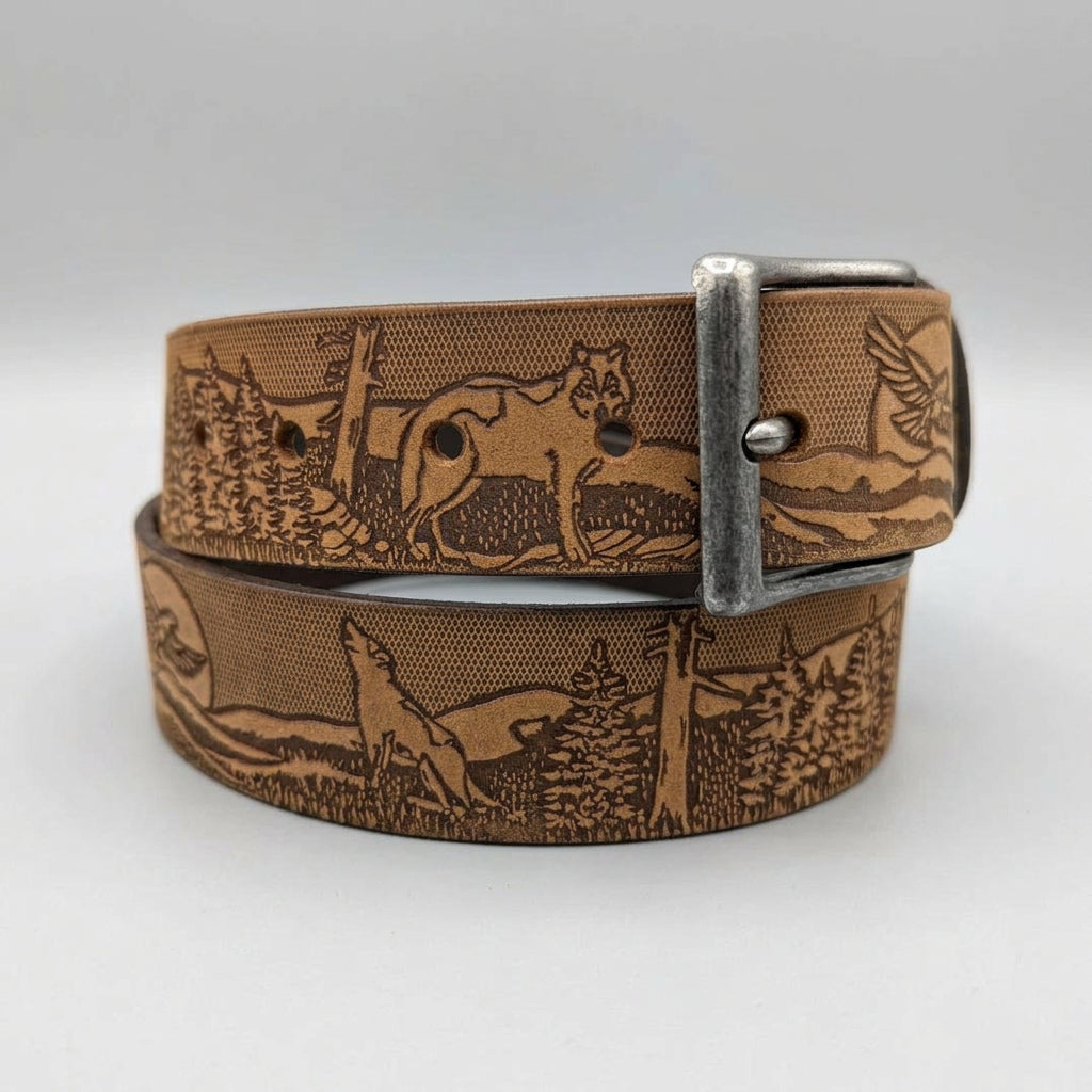 Keldon Men's Embossed Leather Belt with Wildlife Scene - Boutique of Leathers/Open Road