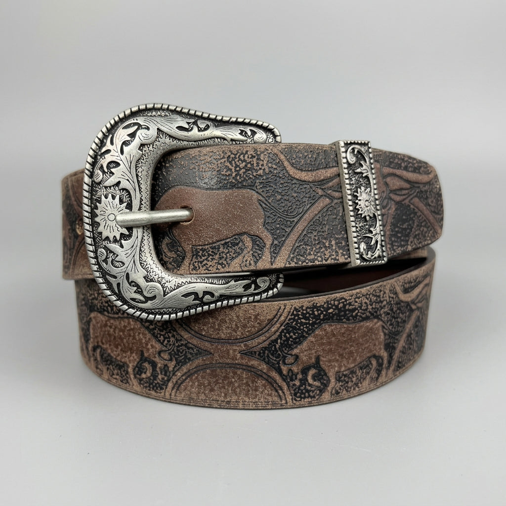 Keldon Men's Western Belt Embossed Leather with Bull Design and Removable Silver Buckle - Boutique of Leathers/Open Road