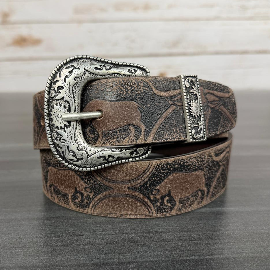Keldon Men's Western Belt Embossed Leather with Bull Design and Removable Silver Buckle