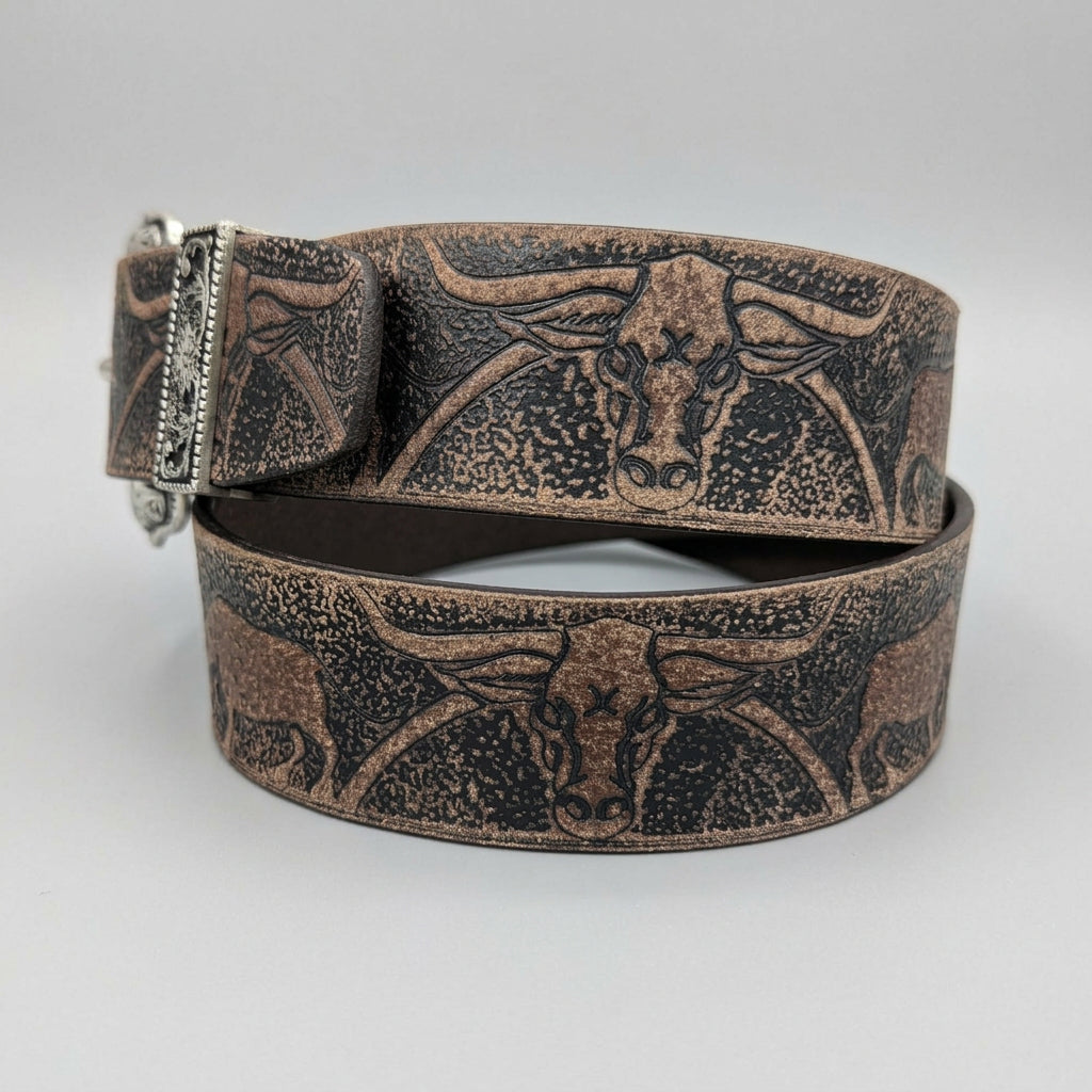 Keldon Men's Western Belt Embossed Leather with Bull Design and Removable Silver Buckle - Boutique of Leathers/Open Road