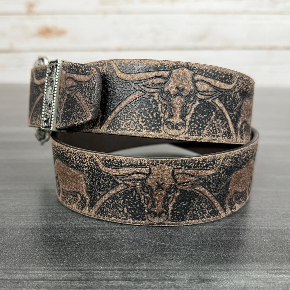 Keldon Men's Western Belt Embossed Leather with Bull Design and Removable Silver Buckle