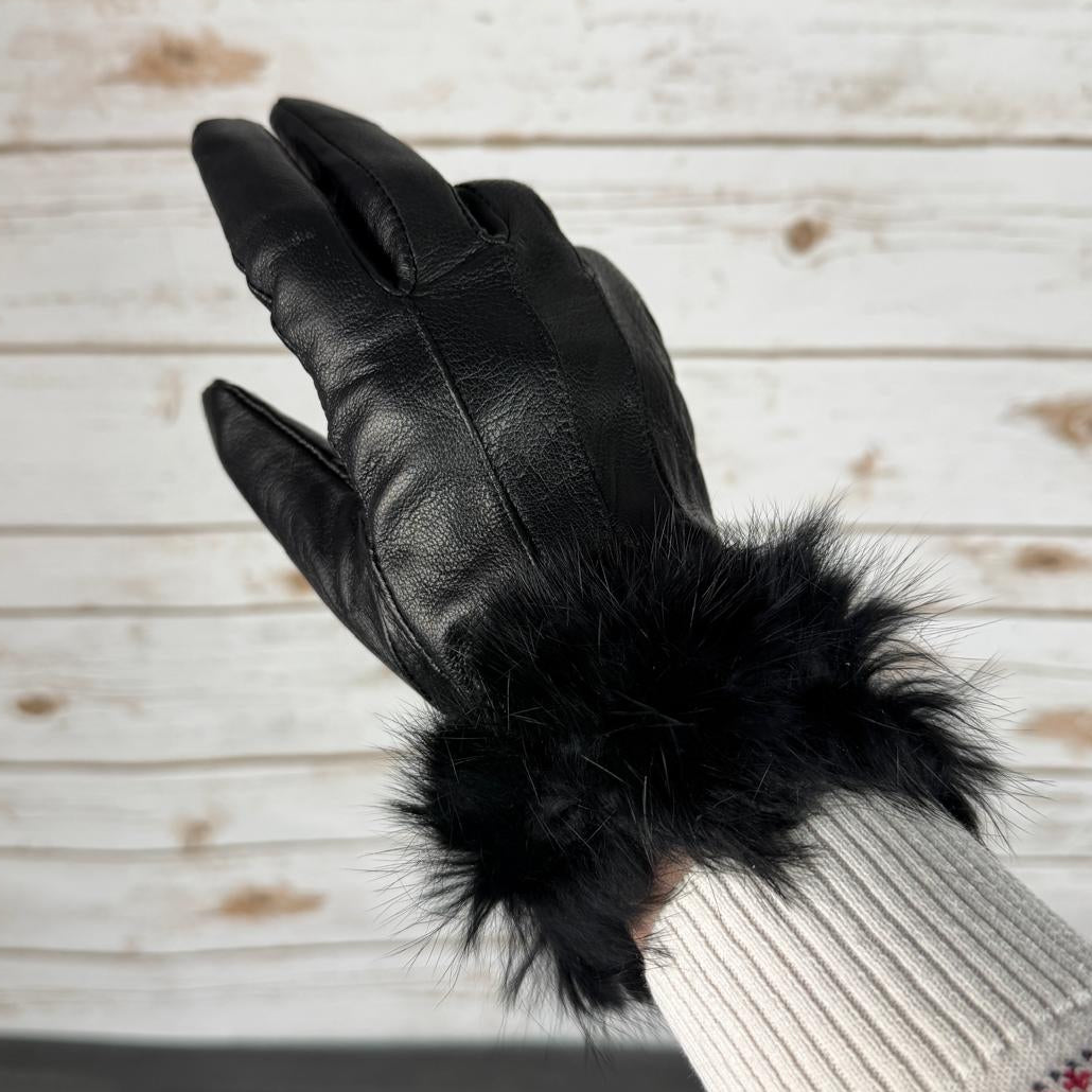 Women's Sheep Leather Gloves with Rabbit Fur Trim - Boutique of