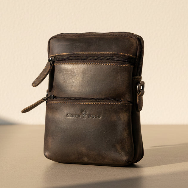 Greenwood Leather Mini Crossbody Bag. Premium 3-Zipper Travel Organizer - Boutique of Leathers/Open Road