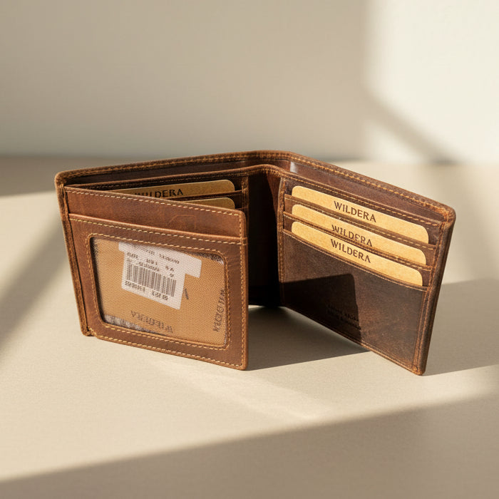 Greenwood Leather Men's Bifold Wallet. Premium RFID Protection Wallet with Flip ID Window - Boutique of Leathers/Open Road