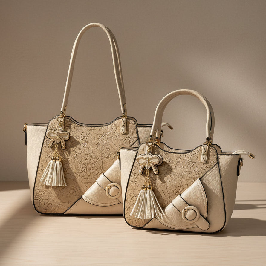 Temptation Italy Faux Leather Tote Bag. Floral & Dragonfly Embossed Shoulder Bag with Tassel Charm - Boutique of Leathers/Open Road