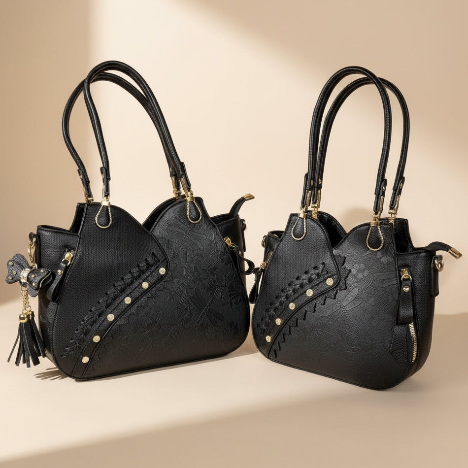 Temptation Italy Faux Leather Shoulder Bag. Floral & Dragonfly Embossed Handbag with Studded Braided Detail - Boutique of Leathers/Open Road